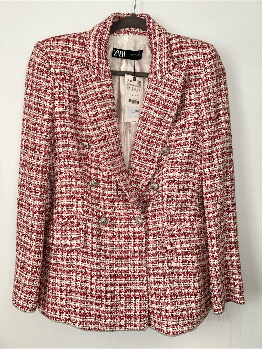 NWT Zara Red White Tweed Double Breasted Blazer Jacket Small